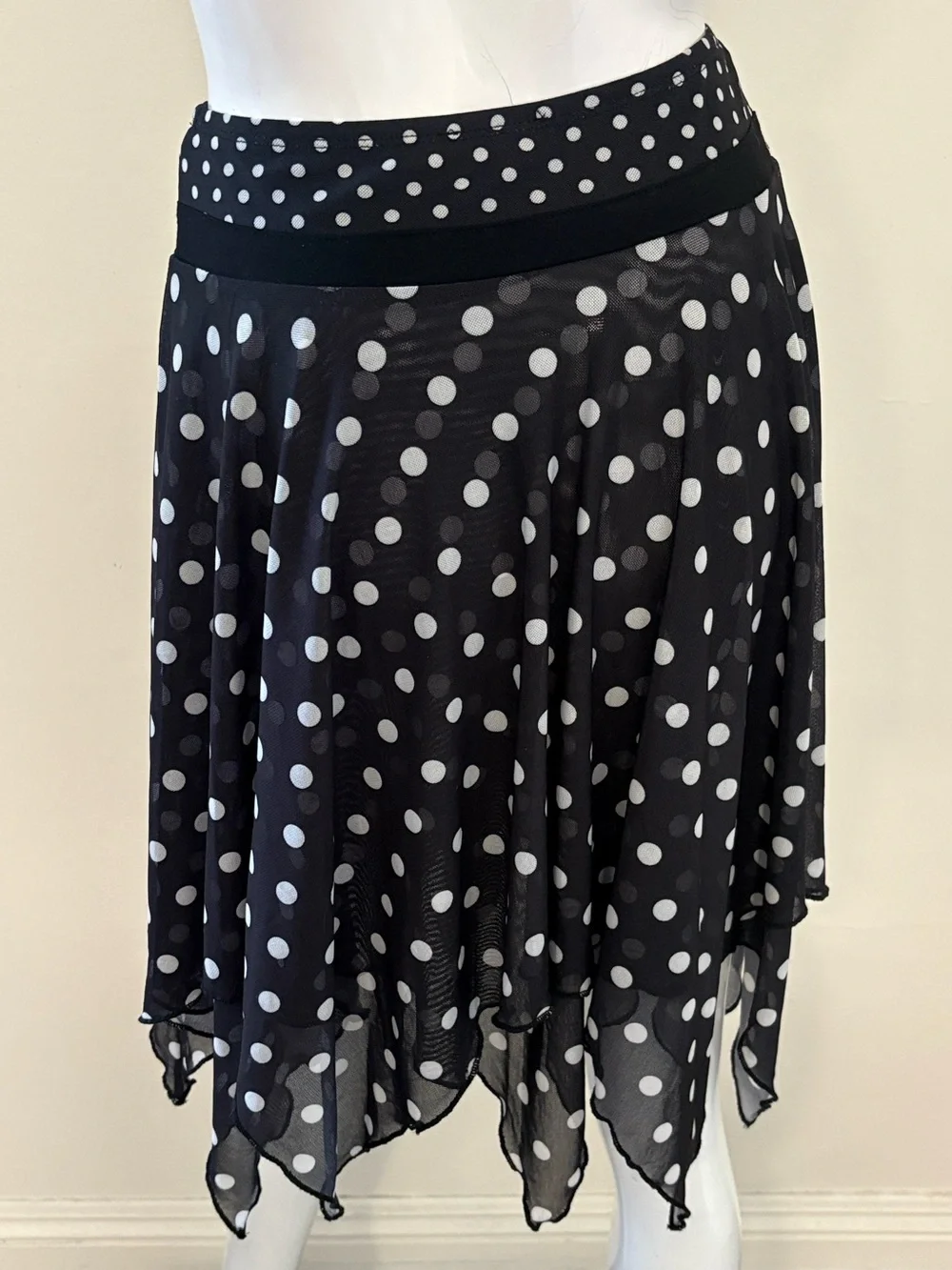 NWOT dELiA*s x Dolls Kill Black & White Polka Dot Mesh Asymmetrical Midi Skirt
